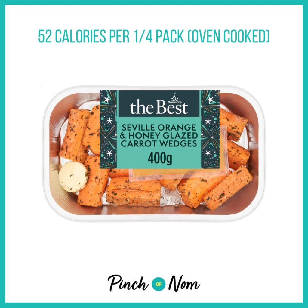 Morrisons The Best Carrot Wedges With Seville Orange featured in Pinch of Nom's Weekly Pinch of Shopping with the calorie count printed above (52 calories per 1/4 pack).