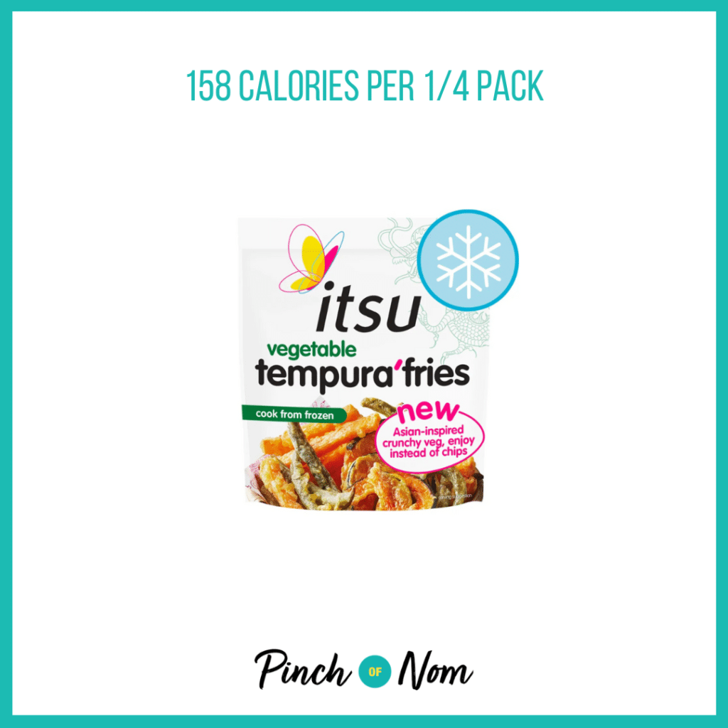 itsu vegetable tempura fries featured in Pinch of Nom's Weekly Pinch of Shopping with the calorie count printed above (158 calories per 1/4 pack).