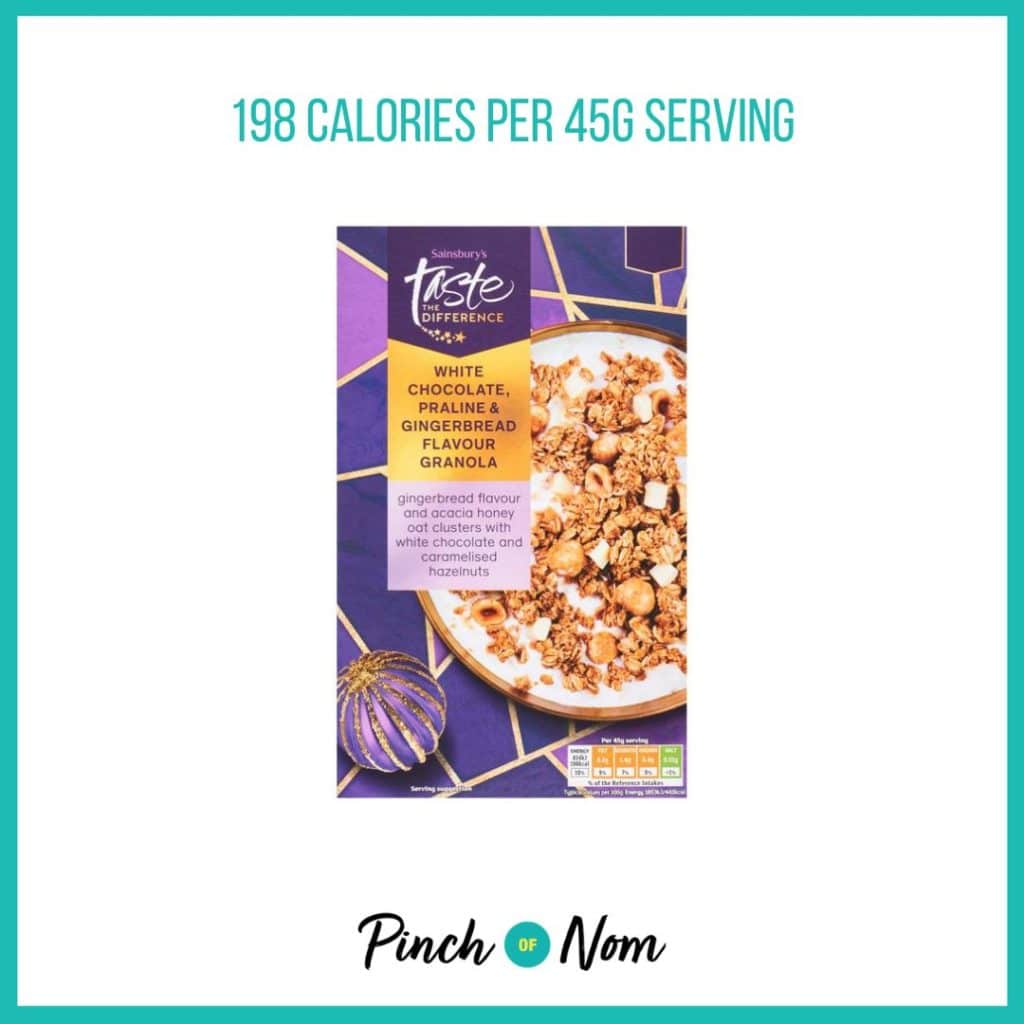 Sainsbury's Gingerbread Granola featured in Pinch of Nom's Weekly Pinch of Shopping with the calorie count printed above (198 calories per 45g serving).