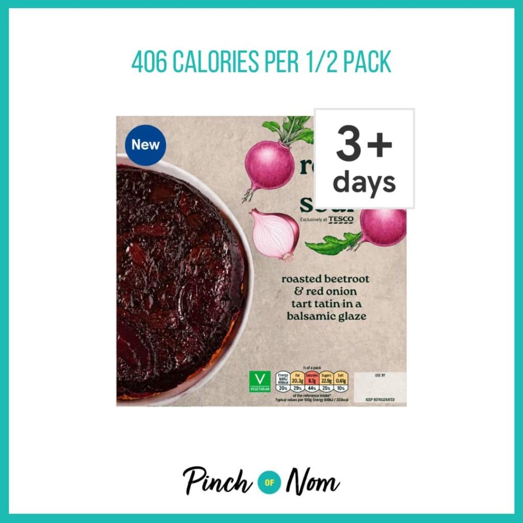 Root & Soul Roasted Beetroot & Red Onion Tart Tatin In a Balsamic Glaze featured in Pinch of Nom's Weekly Pinch of Shopping with the calorie count printed above (406 calories per 1/2 pack).