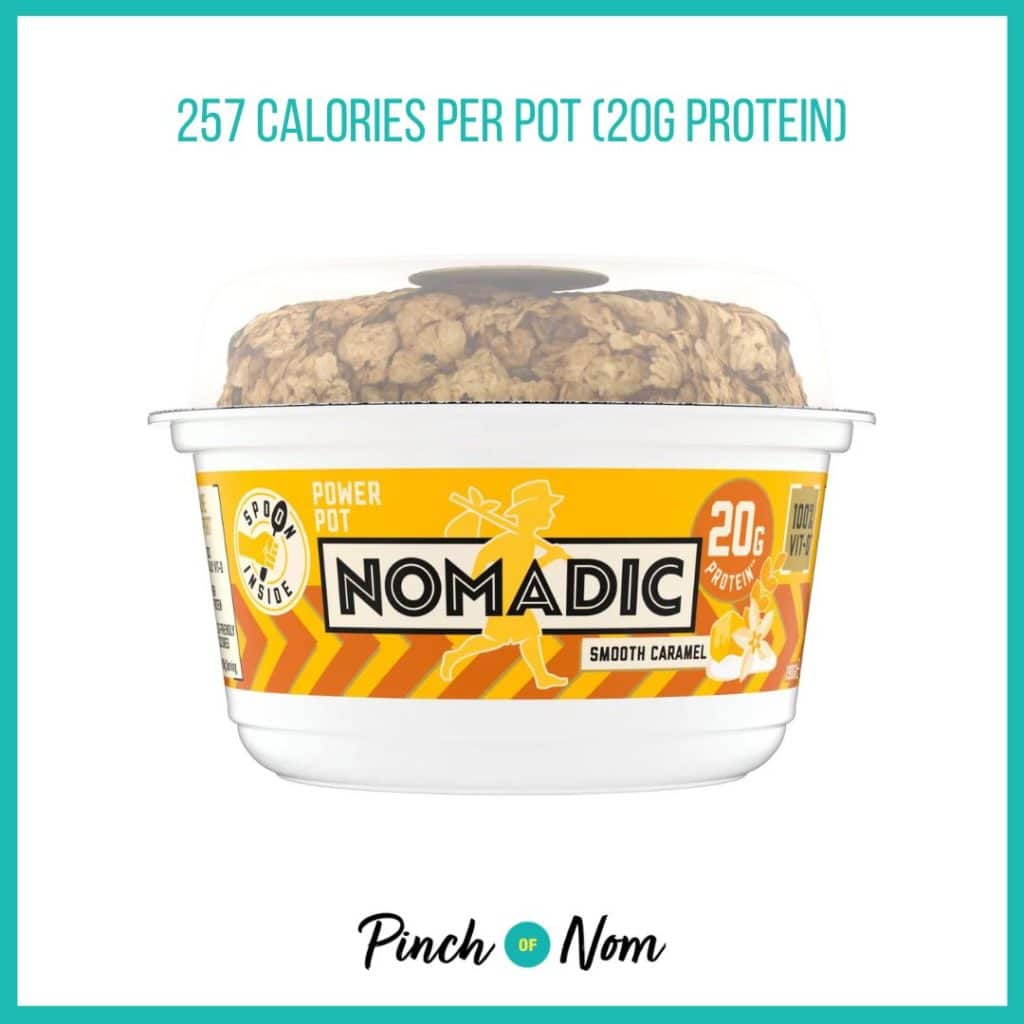 Nomadic Power Pot Vanilla Yogurt & Granola Smooth Caramel featured in Pinch of Nom's Weekly Pinch of Shopping with the calorie count printed above (257 calories per pot).