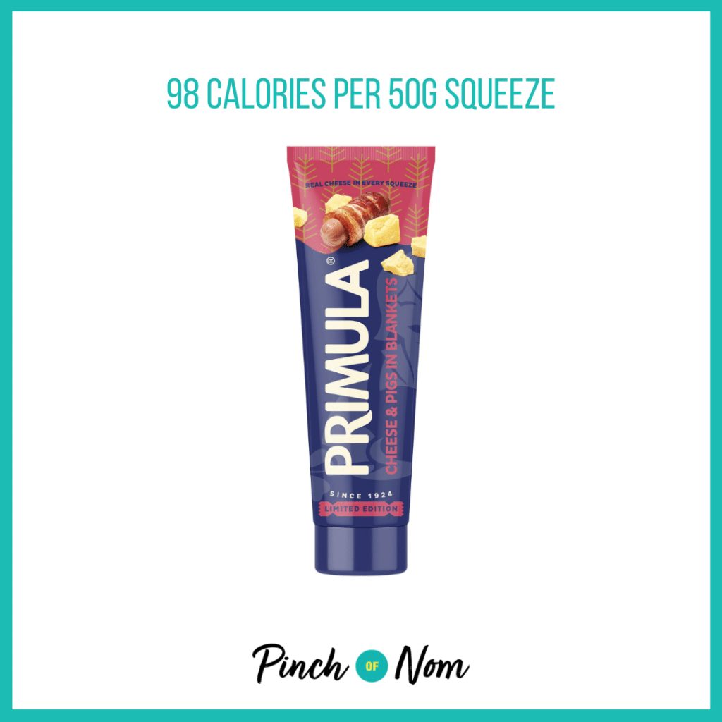 Primula Limited Edition Cheese & Pigs in Blankets featured in Pinch of Nom's Weekly Pinch of Shopping with the calorie count printed above (98 calories per 50g squeeze).