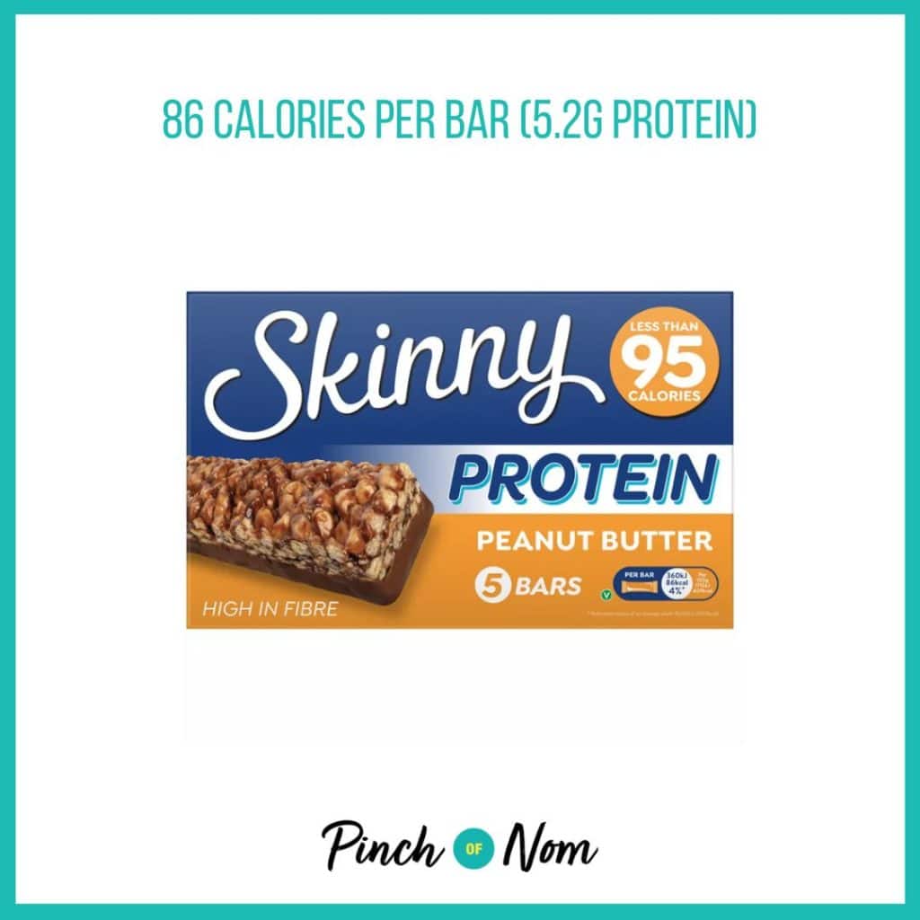 Skinny Protein Peanut Butter Bars featured in Pinch of Nom's Weekly Pinch of Shopping with the calorie count printed above (86 calories per bar).