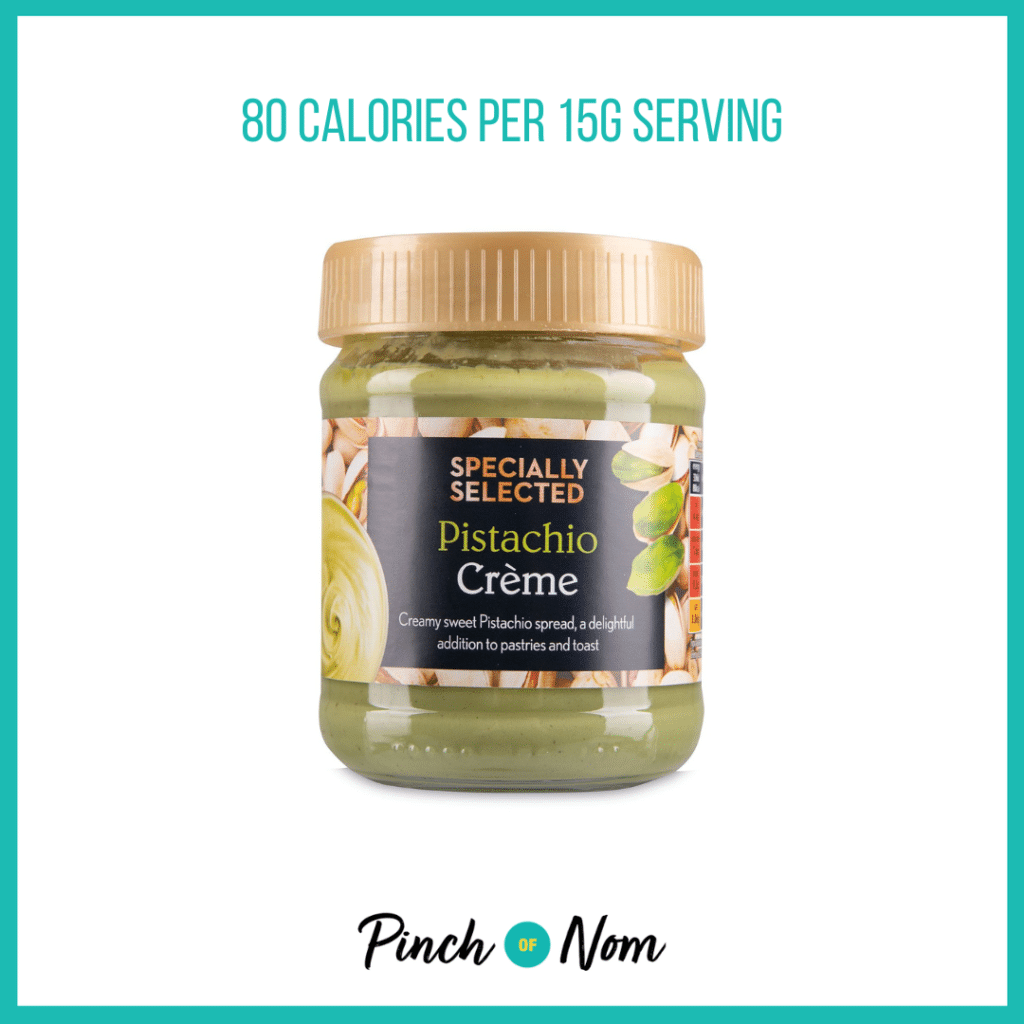 Specially Selected Pistachio Crème featured in Pinch of Nom's Weekly Pinch of Shopping with the calorie count printed above (80 calories per 15g serving).