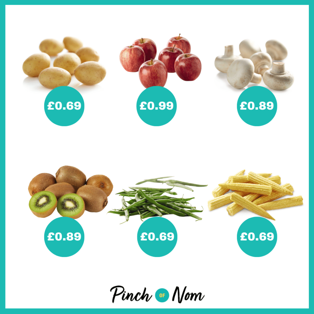 The fruit and veg selection from Aldi's Super 6, alongside their prices, featured in Pinch of Nom's Weekly Pinch of Shopping.