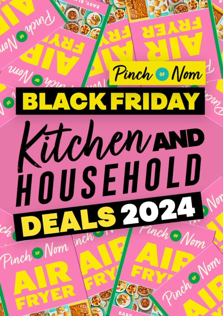 'Black Friday Kitchen and Household Deals 2024' is presented bold and bright against a pink background, covered in copies of Pinch of Nom: Air Fryer.