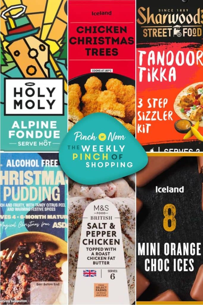 Six of the products from the Weekly Pinch of Shopping in a grid format. There is a logo at the centre of the image with The Weekly Pinch of Shopping in bold letters.