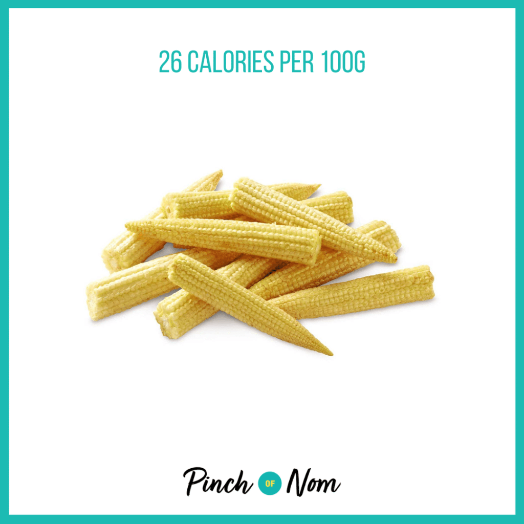 Baby Corn from Aldi's Super 6 selection, featured in Pinch of Nom's Weekly Pinch of Shopping with calories above (26 calories per 100g).