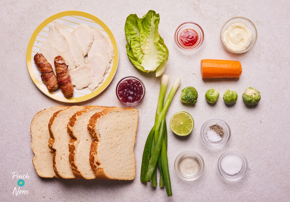 The ingredients for Pinch of Nom's Boxing Day Sandwich are laid out on a kitchen counter, ready to begin cooking.