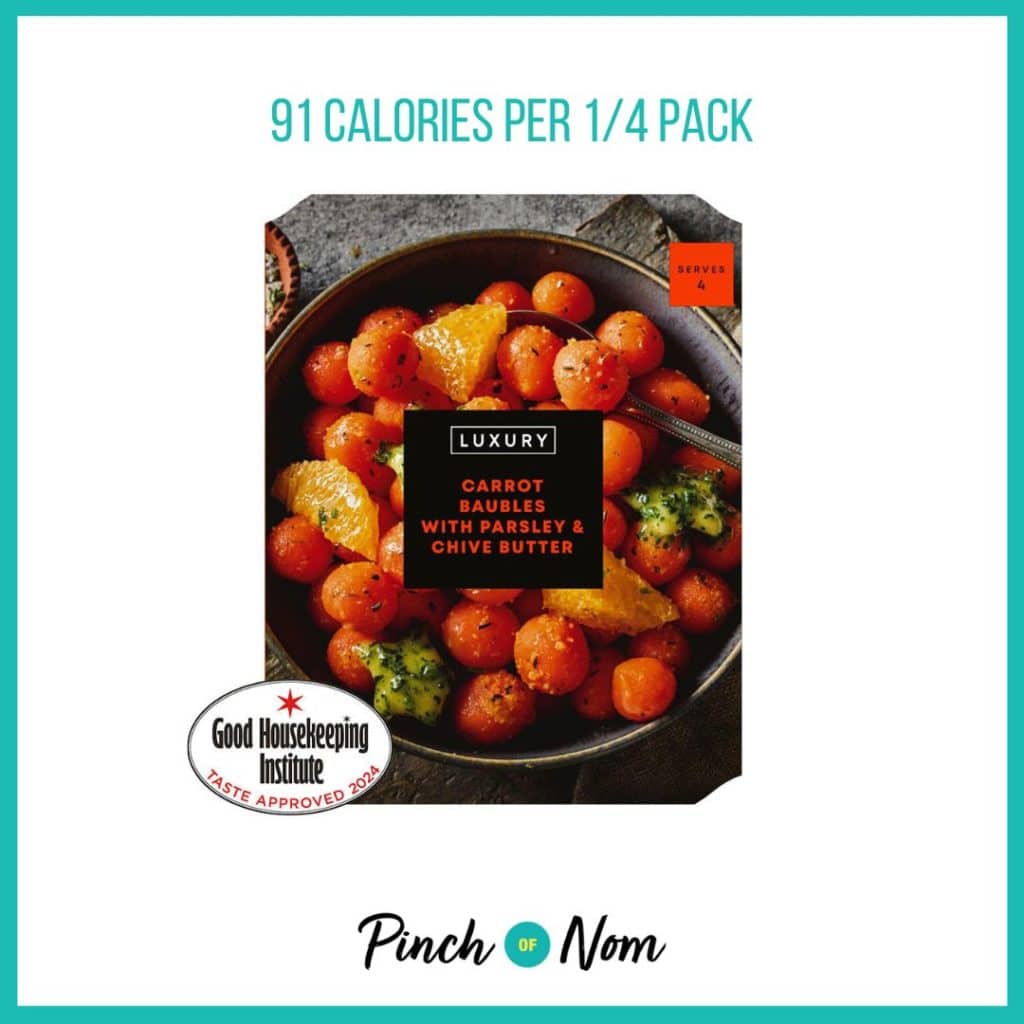 Iceland Carrot Baubles with Parsley and Chive Butter featured in Pinch of Nom's Weekly Pinch of Shopping with the calorie count printed above (91 calories per 1/4 pack).