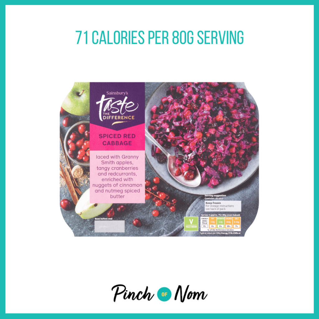 Sainsbury's Spiced Red Cabbage, Taste the Difference featured in Pinch of Nom's Weekly Pinch of Shopping with the calorie count printed above (71 calories per 80g serving).