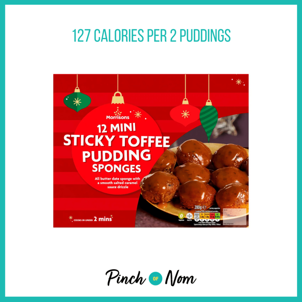 Morrisons Mini Sticky Toffee Pudding Sponges featured in Pinch of Nom's Weekly Pinch of Shopping with the calorie count printed above (127 calories per 2 puddings).