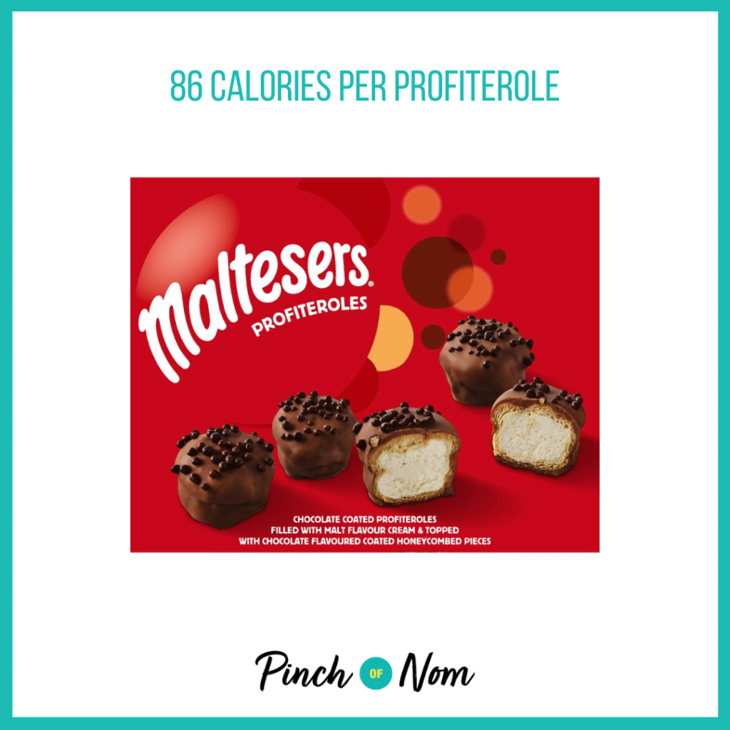 Galaxy® Maltesers® Profiteroles featured in Pinch of Nom's Weekly Pinch of Shopping with the calorie count printed above (86 calories per profiterole).