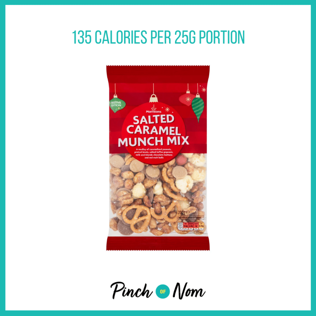 Morrisons Salted Caramel Munch Mix featured in Pinch of Nom's Weekly Pinch of Shopping with the calorie count printed above (135 calories per 25g portion).