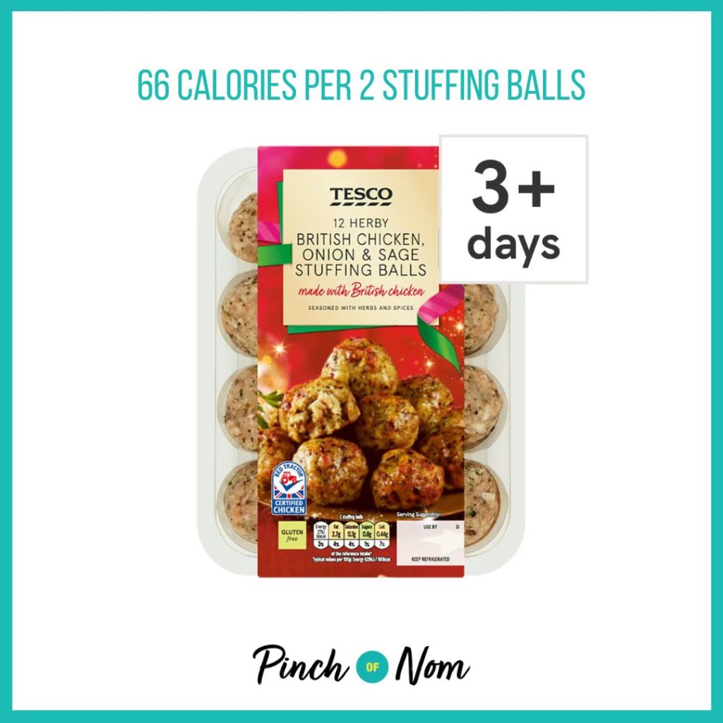 Tesco Chicken Sage And Onion Stuffing Balls featured in Pinch of Nom's Weekly Pinch of Shopping with the calorie count printed above (66 calories per 2 stuffing balls).