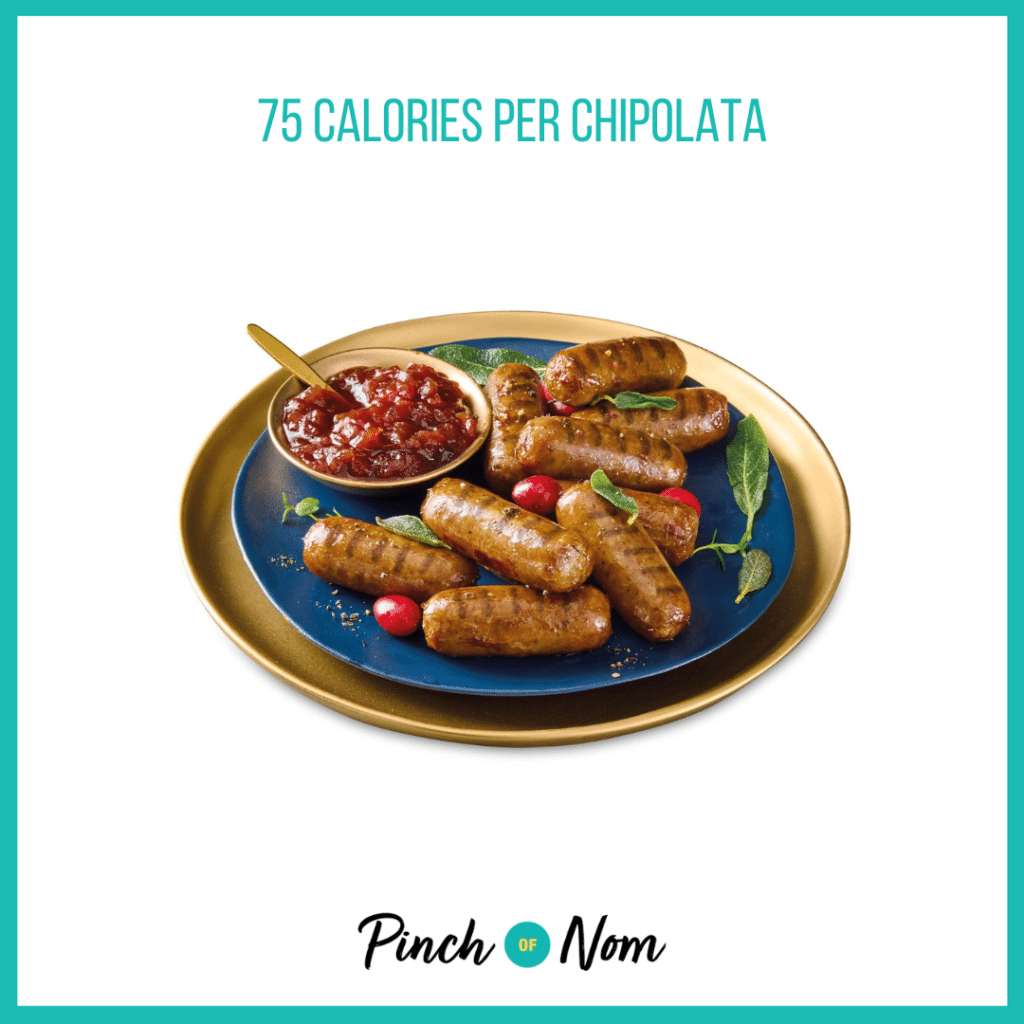 Specially Selected Christmas Venison And Cranberry Chipolata Sausages featured in Pinch of Nom's Weekly Pinch of Shopping with the calorie count printed above (75 calories per chipolata).