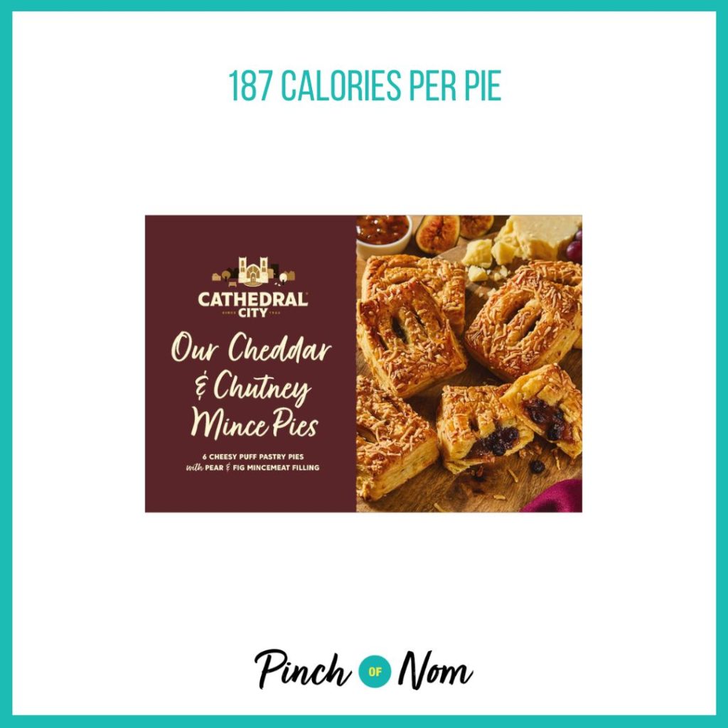 Cathedral City Our Cheddar & Chutney Mince Pies featured in Pinch of Nom's Weekly Pinch of Shopping with the calorie count printed above (187 calories per pie).