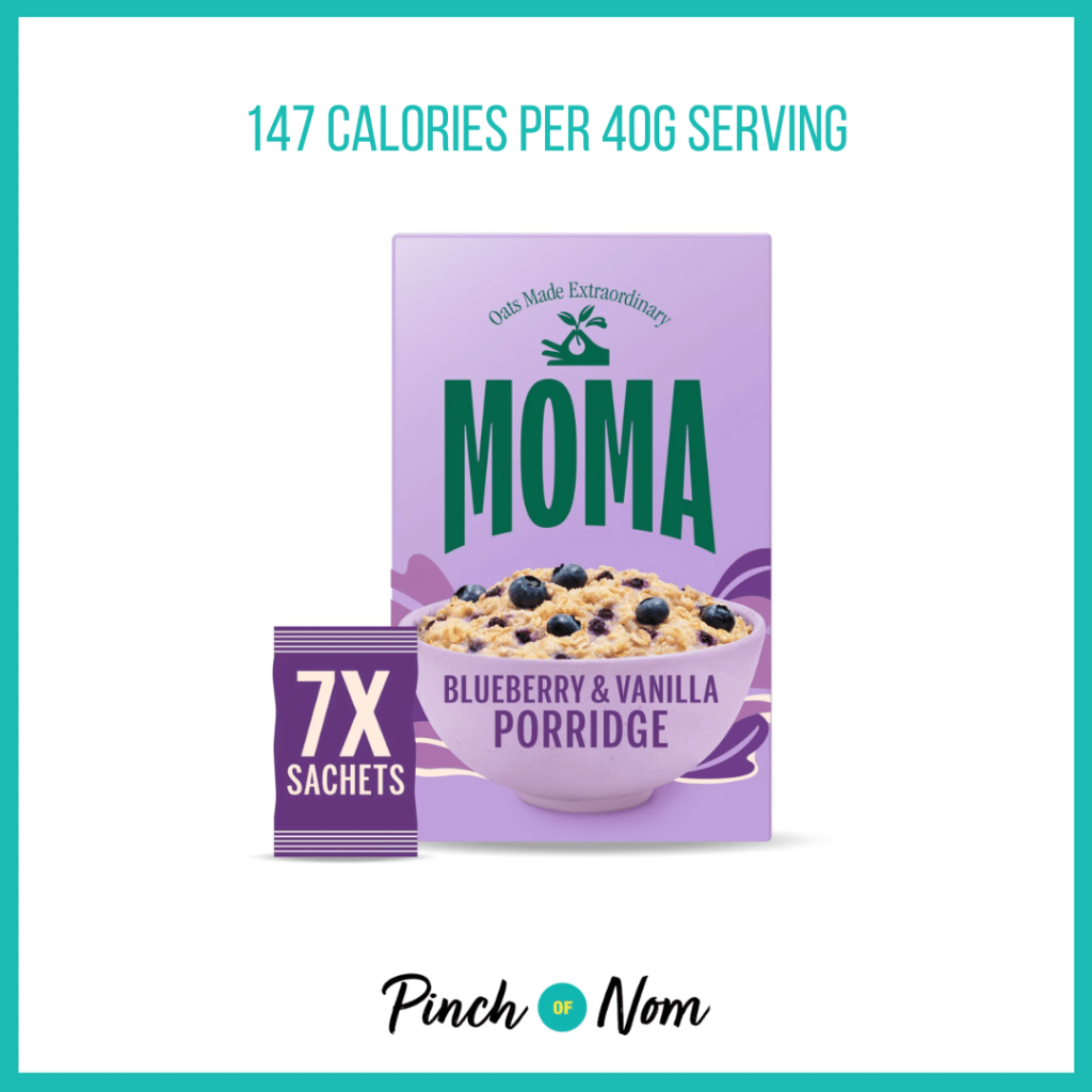 MOMA Blueberry & Vanilla Porridge Sachets featured in Pinch of Nom's Weekly Pinch of Shopping with the calorie count printed above (147 calories per 40g serving).