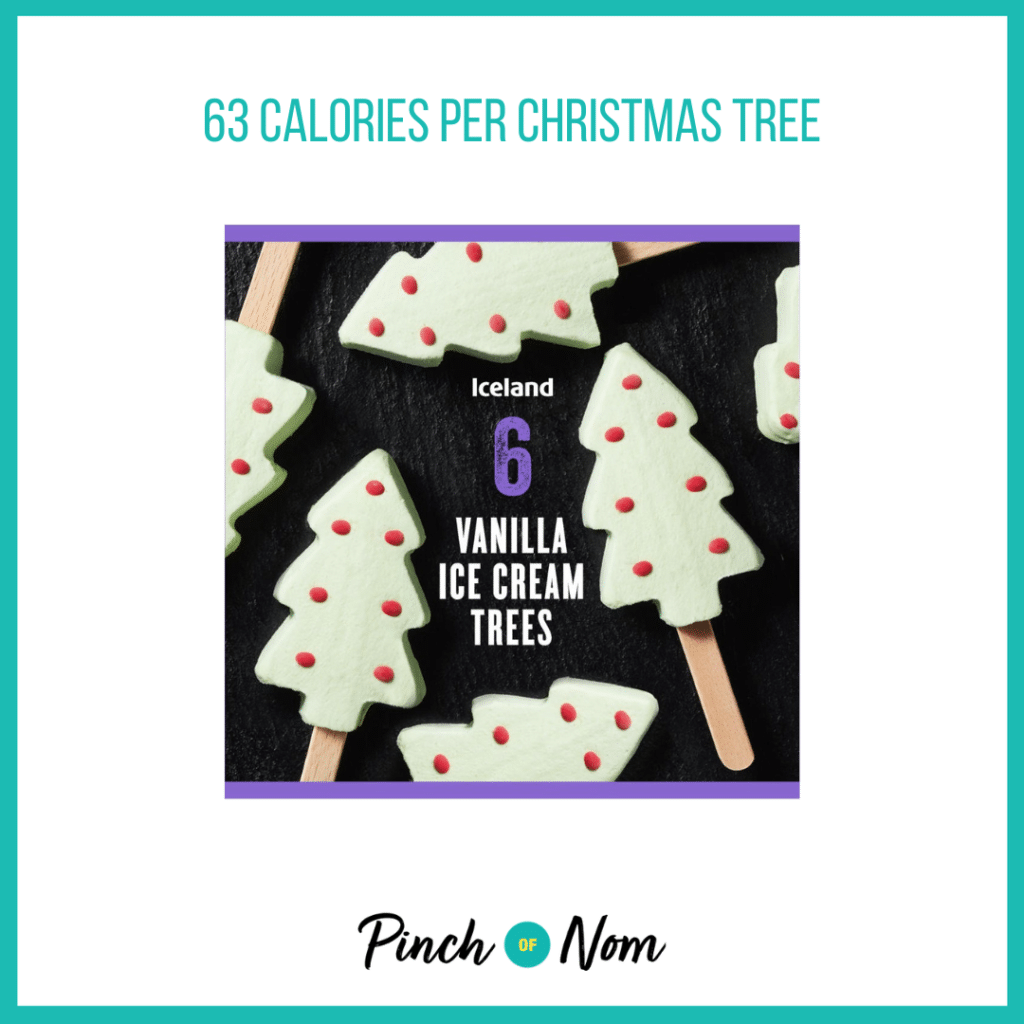 Vanilla Ice Cream Christmas Trees featured in Pinch of Nom's Weekly Pinch of Shopping with the calorie count printed above (63 calories per Christmas tree).