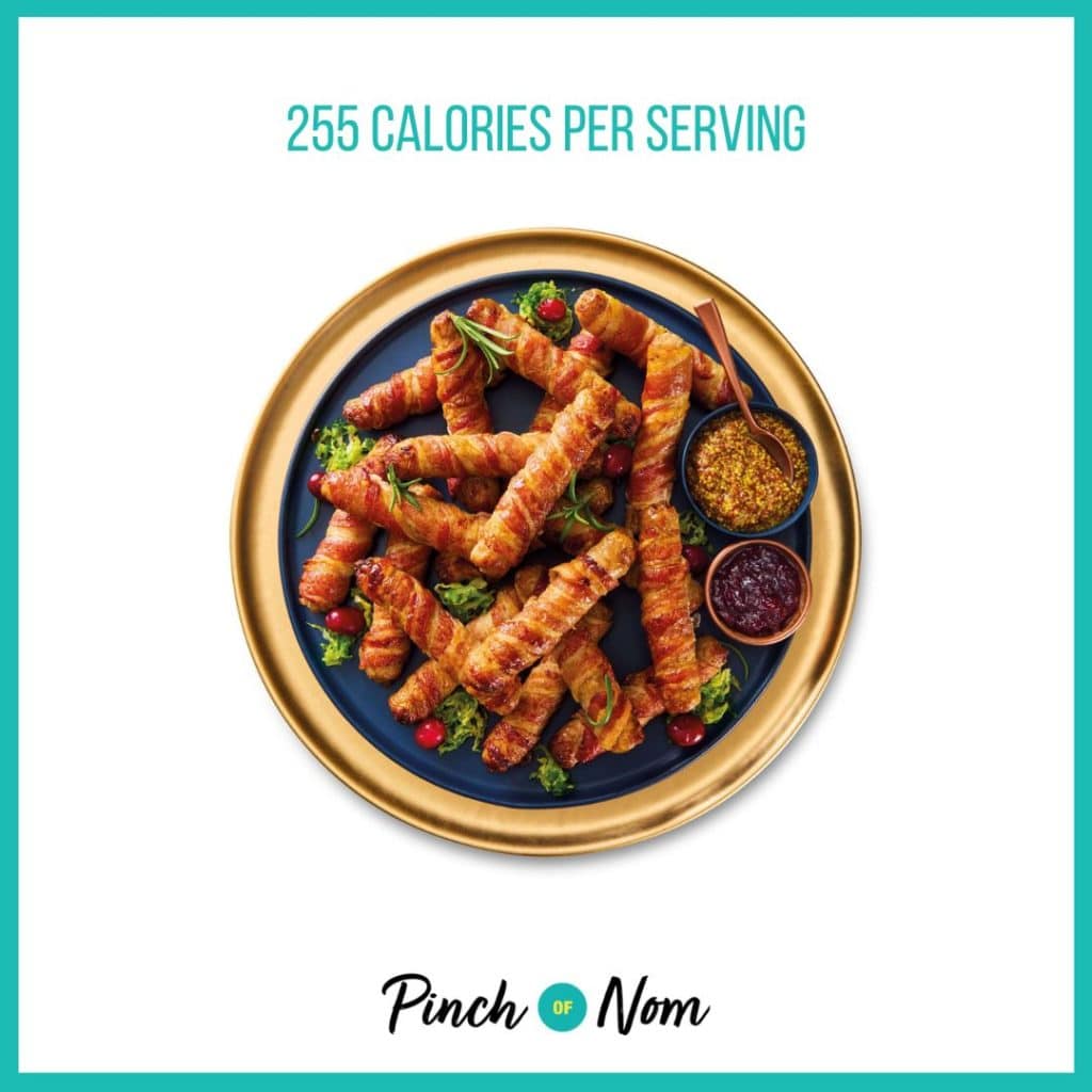 Specially Selected Christmas Chipolatas Wrapped In Bacon featured in Pinch of Nom's Weekly Pinch of Shopping with the calorie count printed above (255 calories per serving).