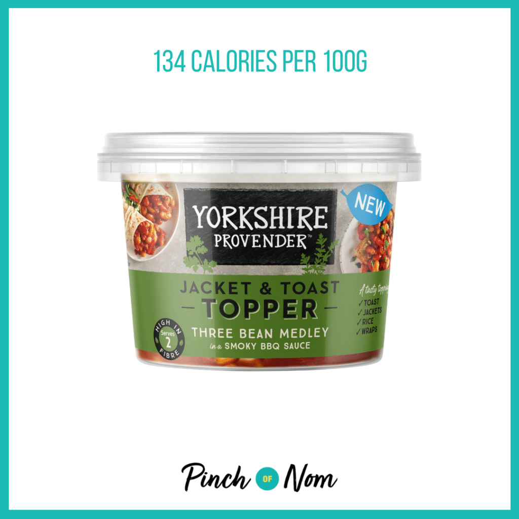 Yorkshire Provender Jacket & Toast Topper Three Bean Medley in a Smoky BBQ Sauce featured in Pinch of Nom's Weekly Pinch of Shopping with the calorie count printed above (134 calories per 100g).