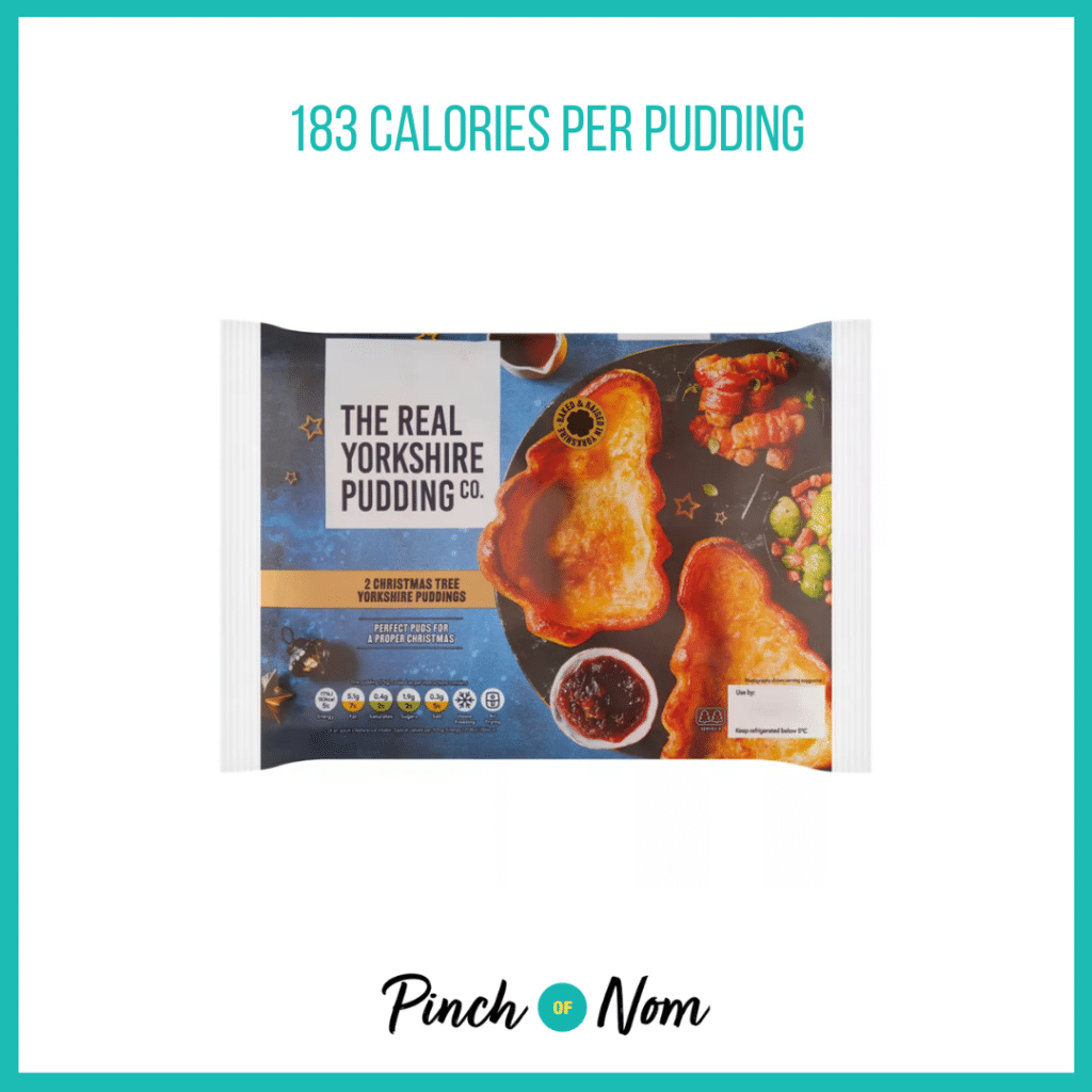 The Real Yorkshire Pudding Co. Christmas Tree Yorkshire Puddings featured in Pinch of Nom's Weekly Pinch of Shopping with the calorie count printed above (183 calories per pudding).