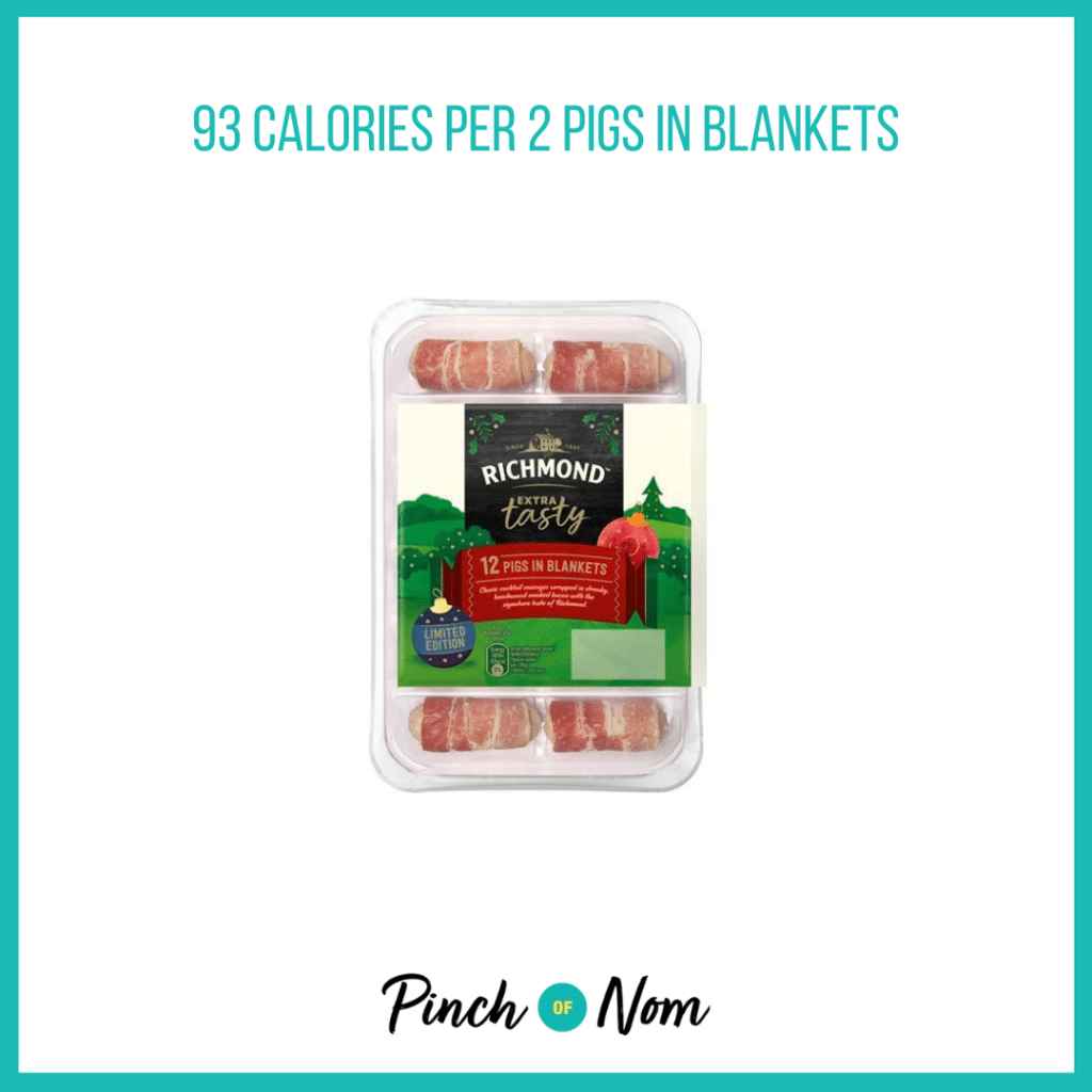 Richmond Extra Tasty Pigs in Blankets featured in Pinch of Nom's Weekly Pinch of Shopping with the calorie count printed above (93 calories per 2 pigs in blankets).