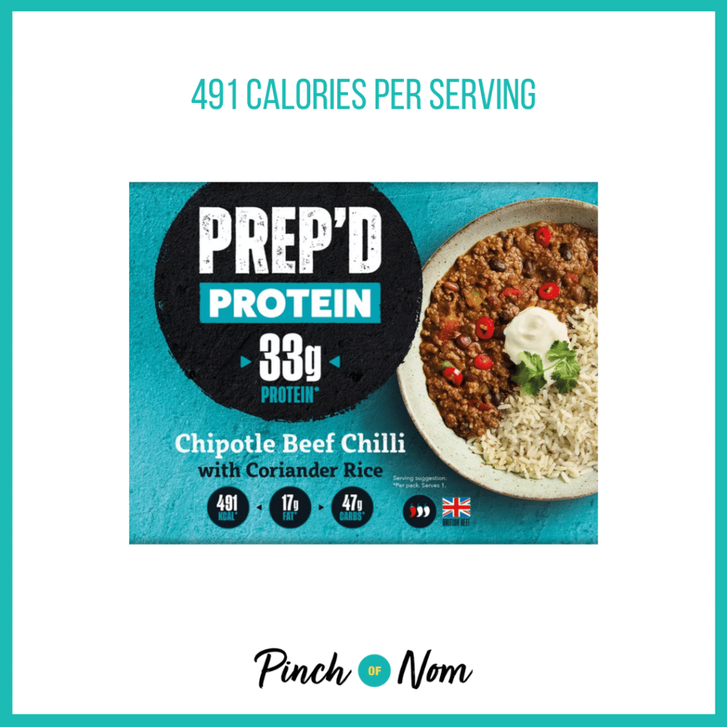 Prep'd Protein Chipotle Beef Chilli with Coriander Rice featured in Pinch of Nom's Weekly Pinch of Shopping with the calorie count printed above (491 calories per serving).