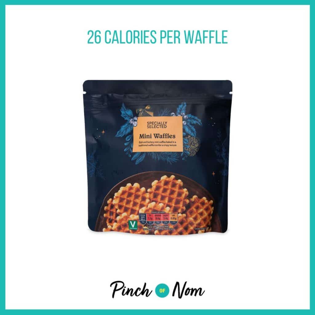 Mini Waffles Specially Selected featured in Pinch of Nom's Weekly Pinch of Shopping with the calorie count printed above (26 calories per waffle).