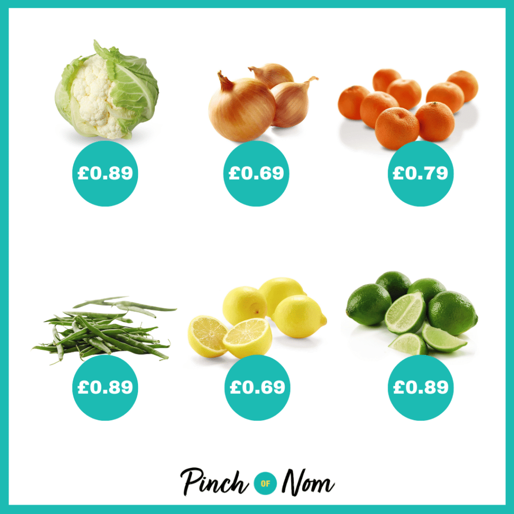 The fruit and veg selection from Aldi's Super 6, alongside their prices, featured in Pinch of Nom's Weekly Pinch of Shopping.