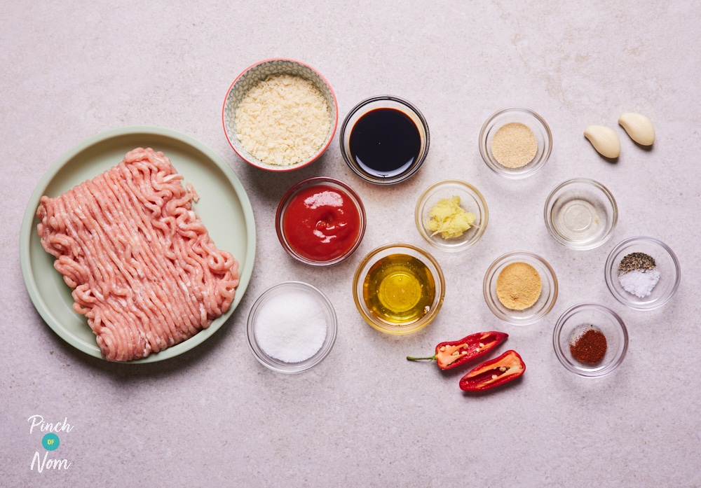 The ingredients for Pinch of Nom's Sweet Chilli Meatballs are laid out on a kitchen counter, ready to begin cooking.