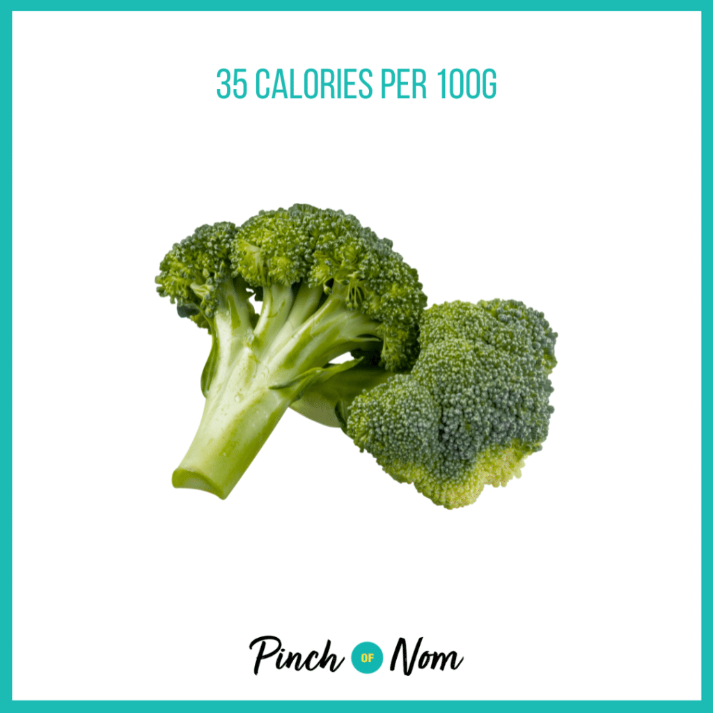 Broccoli from Aldi's Super 6 selection, featured in Pinch of Nom's Weekly Pinch of Shopping with calories above (35 calories per 100g).