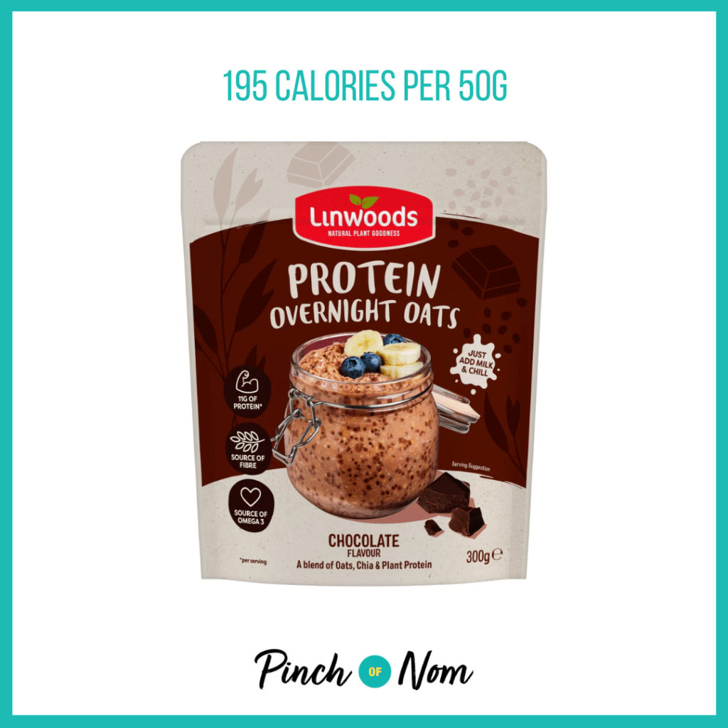 Linwoods Protein Overnight Oats Chocolate Flavour featured in Pinch of Nom's Weekly Pinch of Shopping with the calorie count printed above (195 calories per 50g).