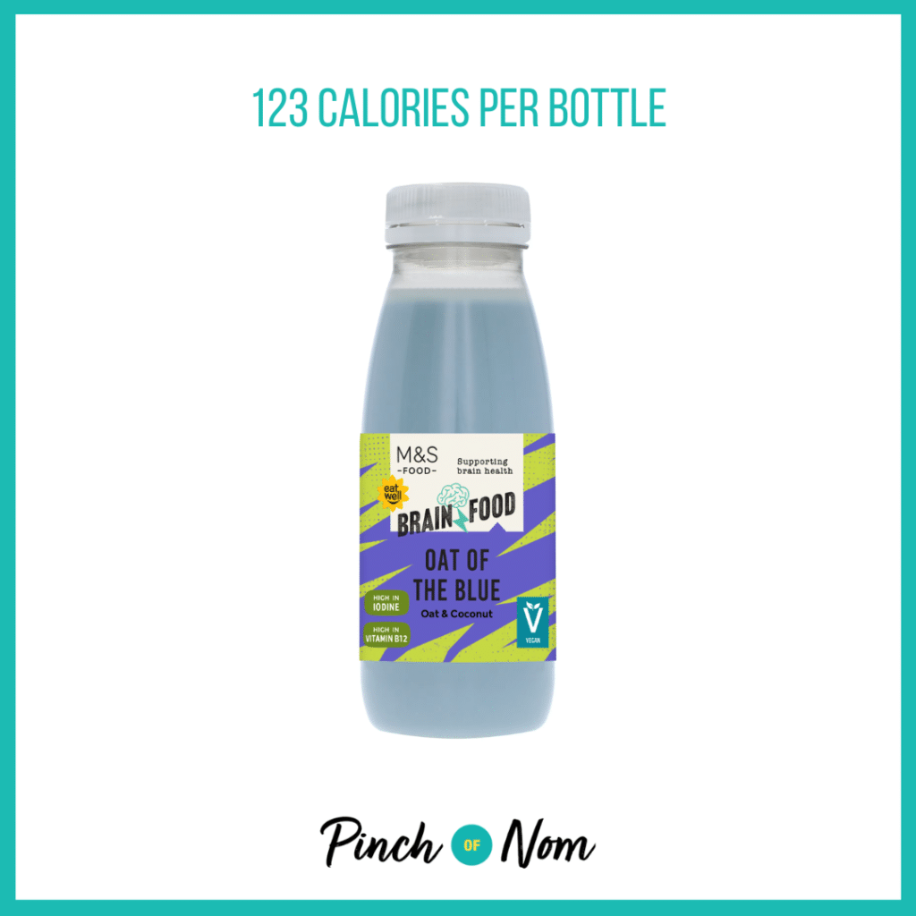 Brain Food Oat of the Blue Drink featured in Pinch of Nom's Weekly Pinch of Shopping with the calorie count printed above (123 calories per bottle).