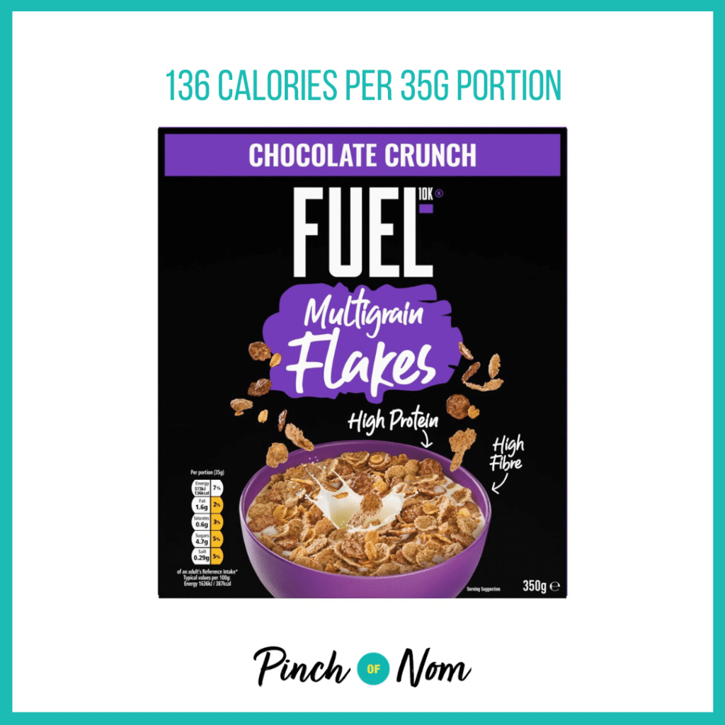 FUEL10K Multigrain Flakes Chocolate Crunch featured in Pinch of Nom's Weekly Pinch of Shopping with the calorie count printed above (136 calories per 35g portion).