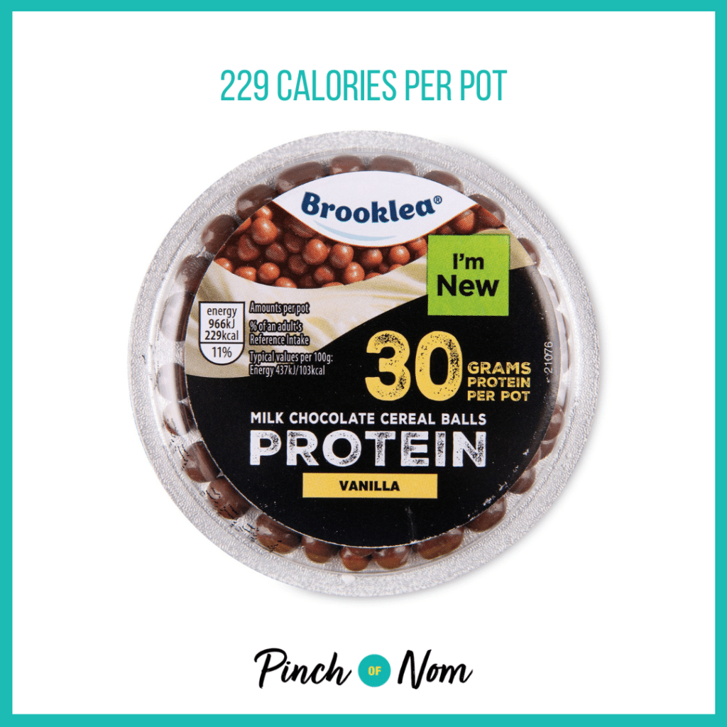 Brooklea Milk Chocolate Cereal Balls Vanilla Protein Pot featured in Pinch of Nom's Weekly Pinch of Shopping with the calorie count printed above (229 calories per pot).