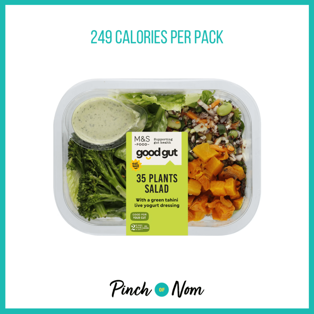 Good Gut Health 35 Plants Salad featured in Pinch of Nom's Weekly Pinch of Shopping with the calorie count printed above (249 calories per pack).