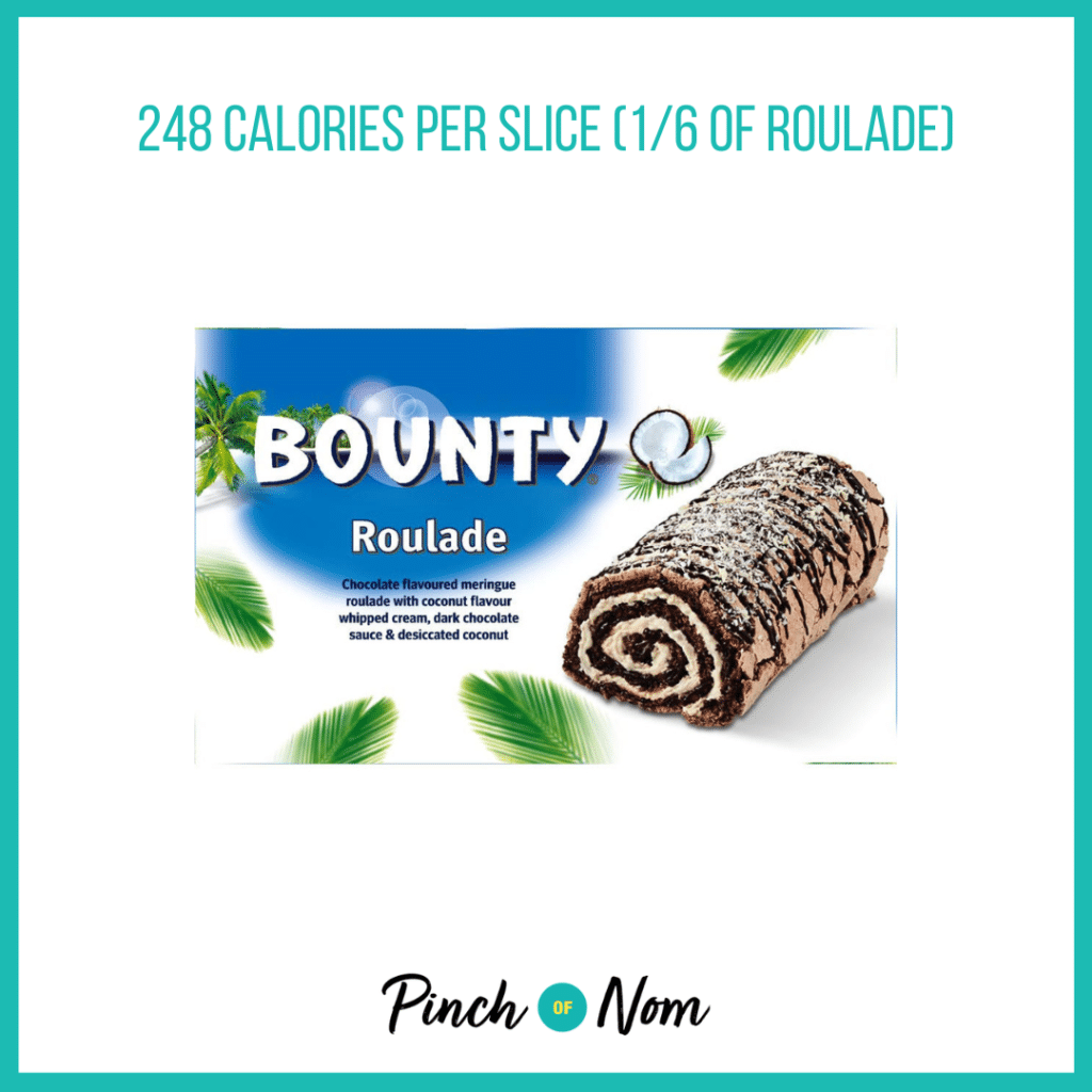 Bounty Roulade featured in Pinch of Nom's Weekly Pinch of Shopping with the calorie count printed above (248 calories per 1/6 slice of roulade).