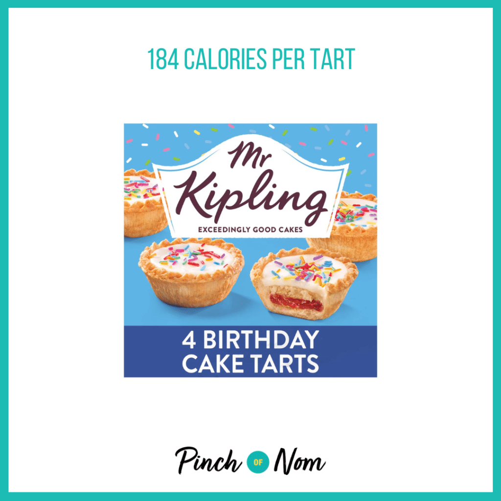 Mr Kipling Birthday Cake Tarts featured in Pinch of Nom's Weekly Pinch of Shopping with the calorie count printed above (184 calories per tart).