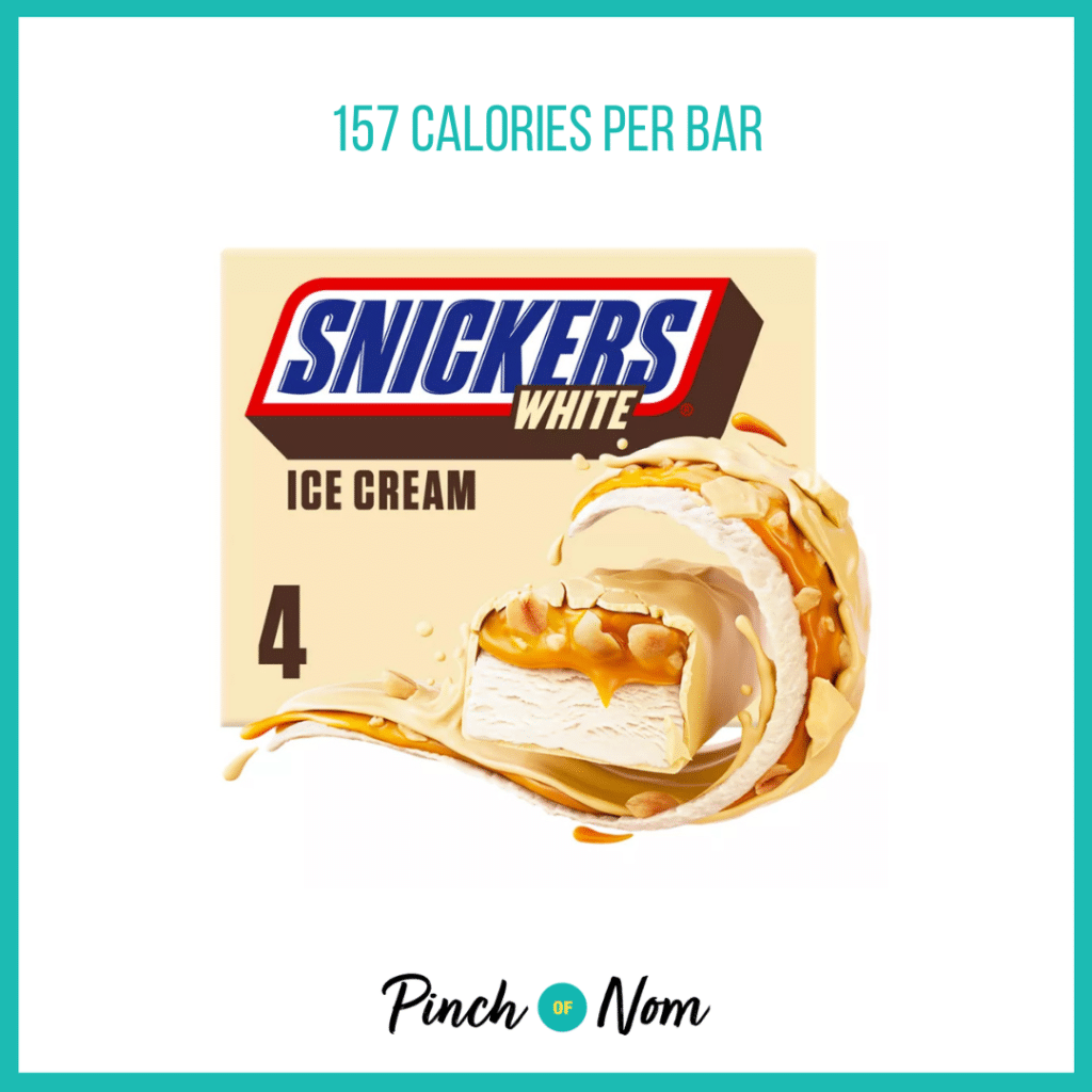 Snickers White Ice Cream featured in Pinch of Nom's Weekly Pinch of Shopping with the calorie count printed above (157 calories per bar).