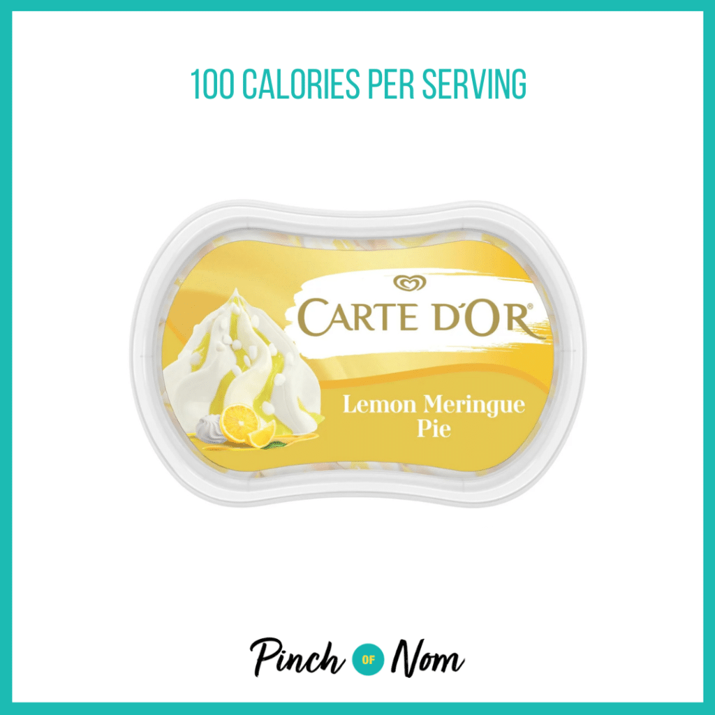 Carte D'Or Mini Indulgence Ice Cream Dessert Lemon Meringue Pie featured in Pinch of Nom's Weekly Pinch of Shopping with the calorie count printed above (100 calories per serving).