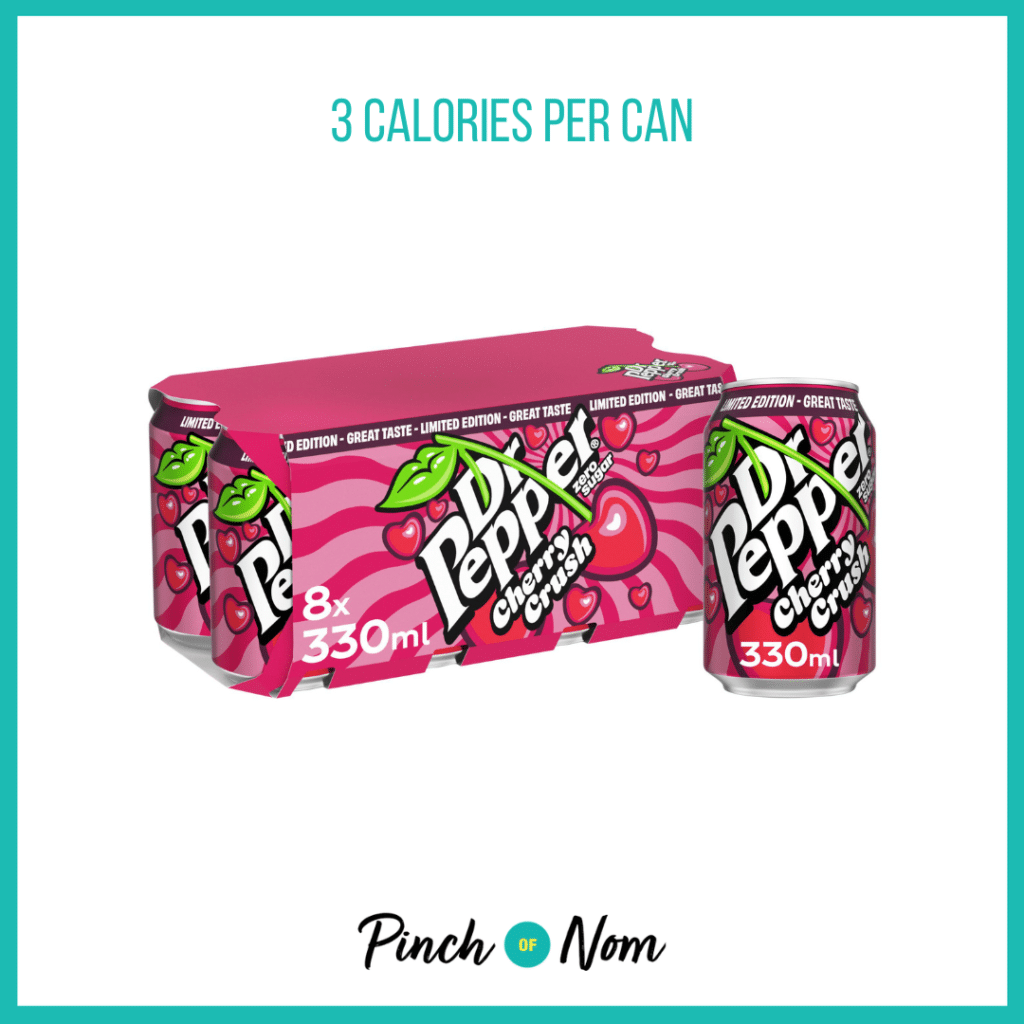 Dr Pepper Zero Cherry Crush Limited Edition featured in Pinch of Nom's Weekly Pinch of Shopping with the calorie count printed above (3 calories per can).