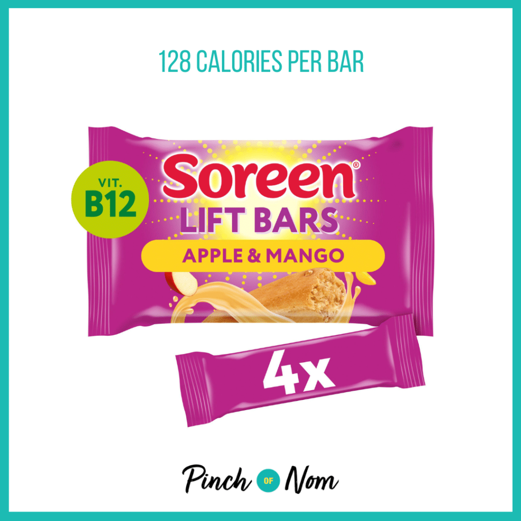 Soreen Lift Bars Apple & Mango featured in Pinch of Nom's Weekly Pinch of Shopping with the calorie count printed above (128 calories per bar).