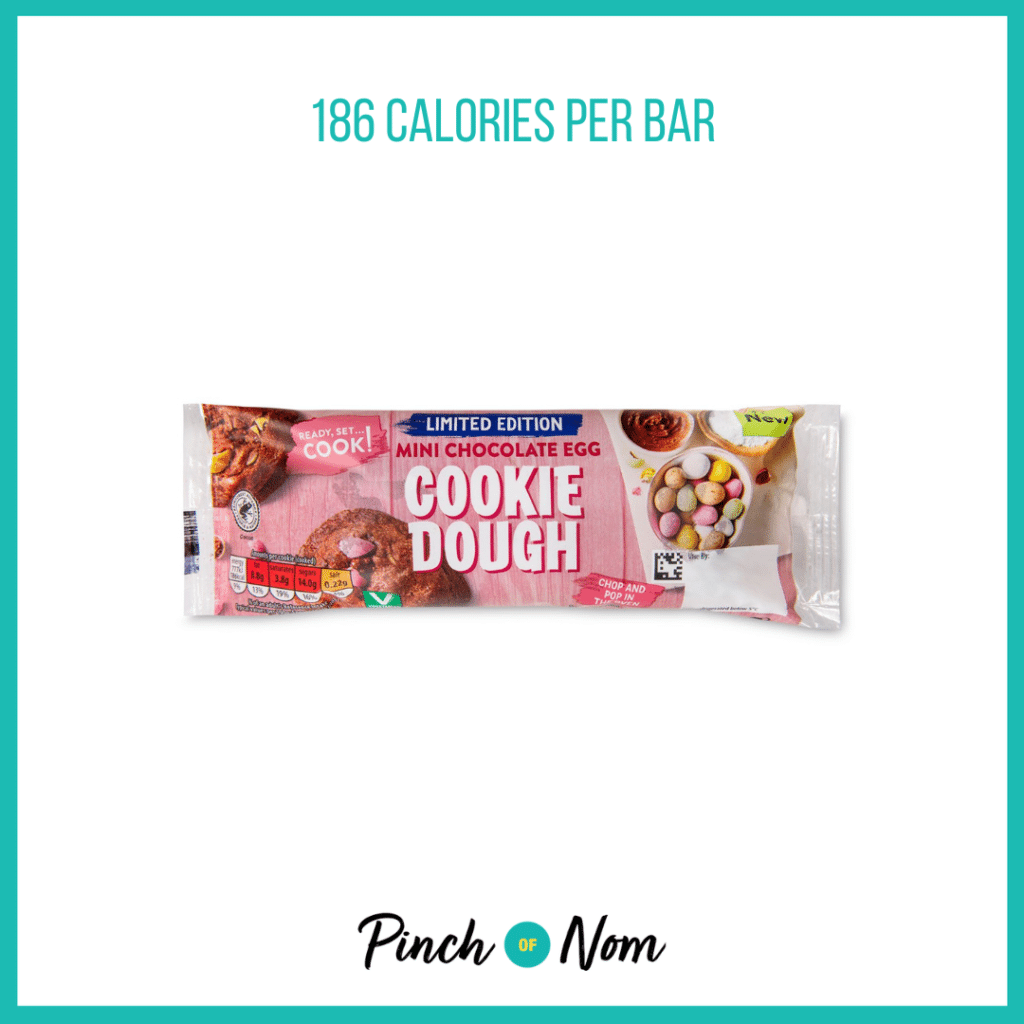 Ready Set Cook Mini Chocolate Egg Cookie Dough featured in Pinch of Nom's Weekly Pinch of Shopping with the calorie count printed above (186 calories per bar).