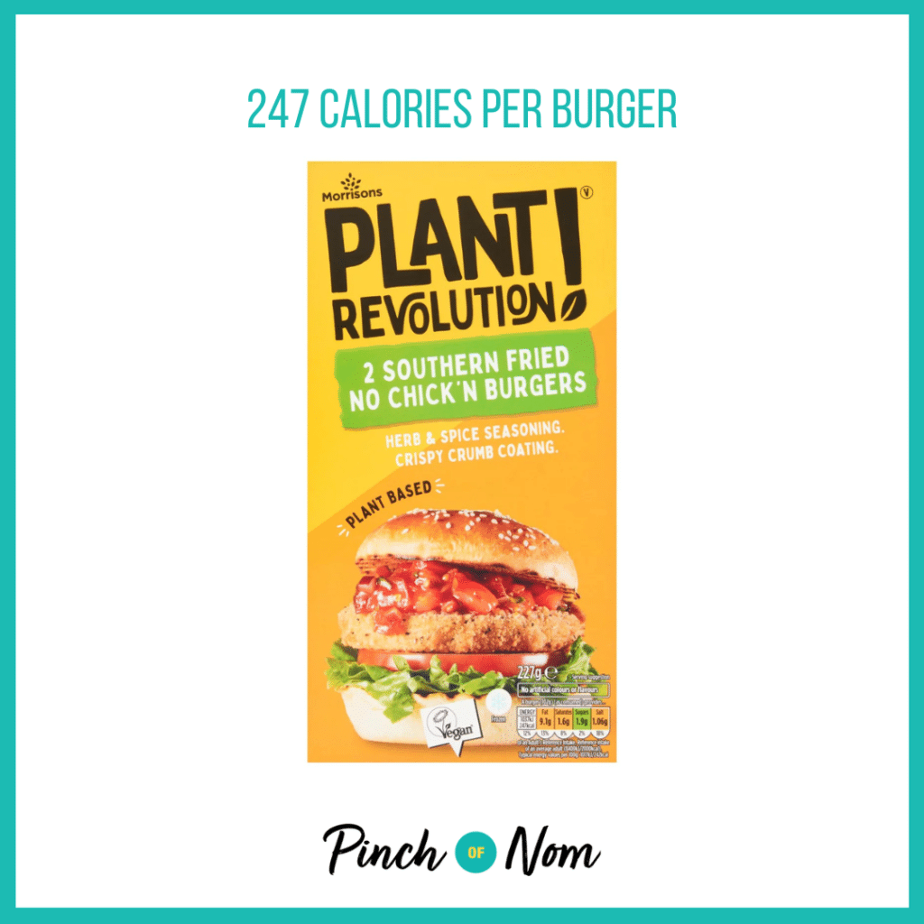 Morrisons Plant Revolution Southern Fried Chicken Burger featured in Pinch of Nom's Weekly Pinch of Shopping with the calorie count printed above (247 calories per burger).