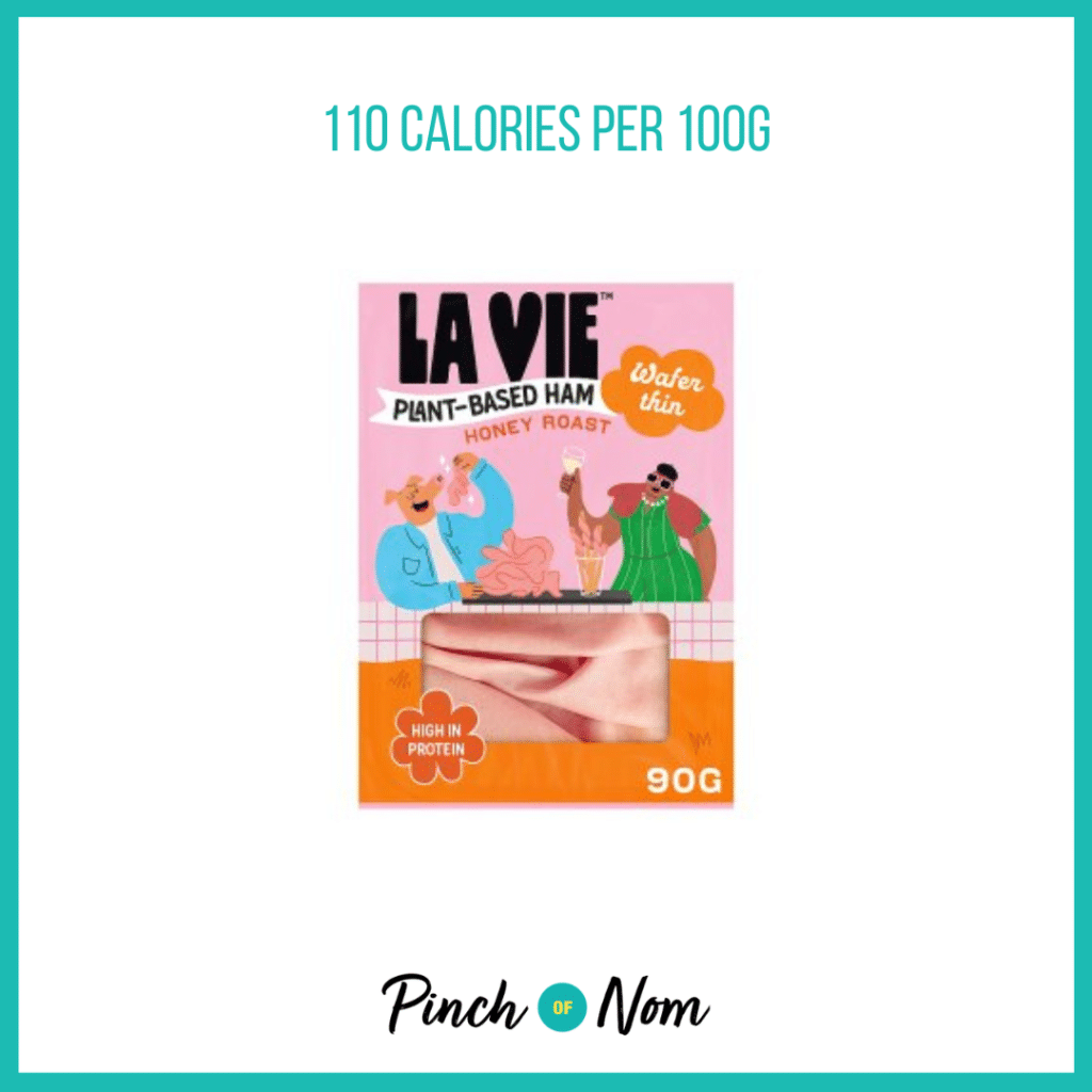 La Vie Honey Roast Wafer Thin Plant-based Ham featured in Pinch of Nom's Weekly Pinch of Shopping with the calorie count printed above (110 calories per 100g).