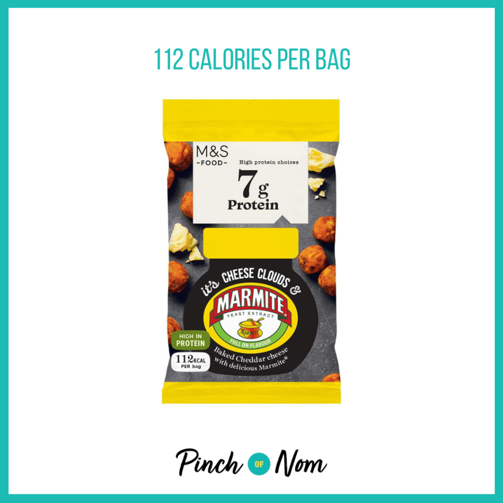 M&S It's Cheese Clouds & Marmite featured in Pinch of Nom's Weekly Pinch of Shopping with the calorie count printed above (112 calories per bag).