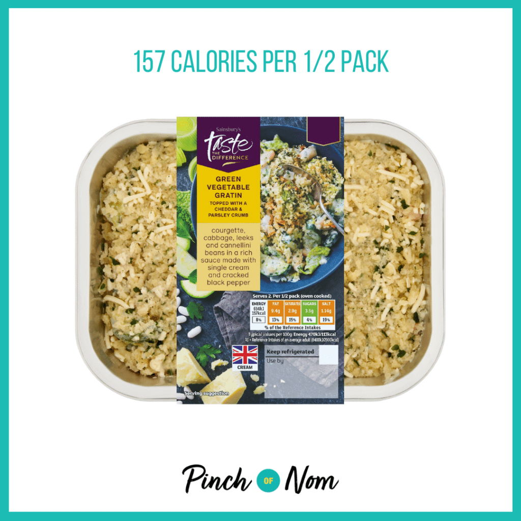 Sainsbury's Green Vegetable Gratin, Taste the Difference featured in Pinch of Nom's Weekly Pinch of Shopping with the calorie count printed above (157 calories per 1/2 pack).