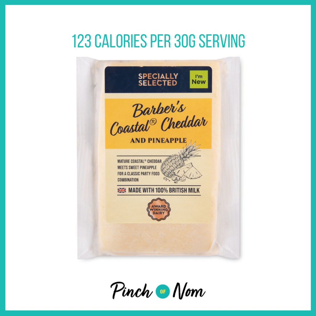 Specially Selected Barber's Coastal Cheddar & Pineapple Cheese featured in Pinch of Nom's Weekly Pinch of Shopping with the calorie count printed above (123 calories per 30g serving).