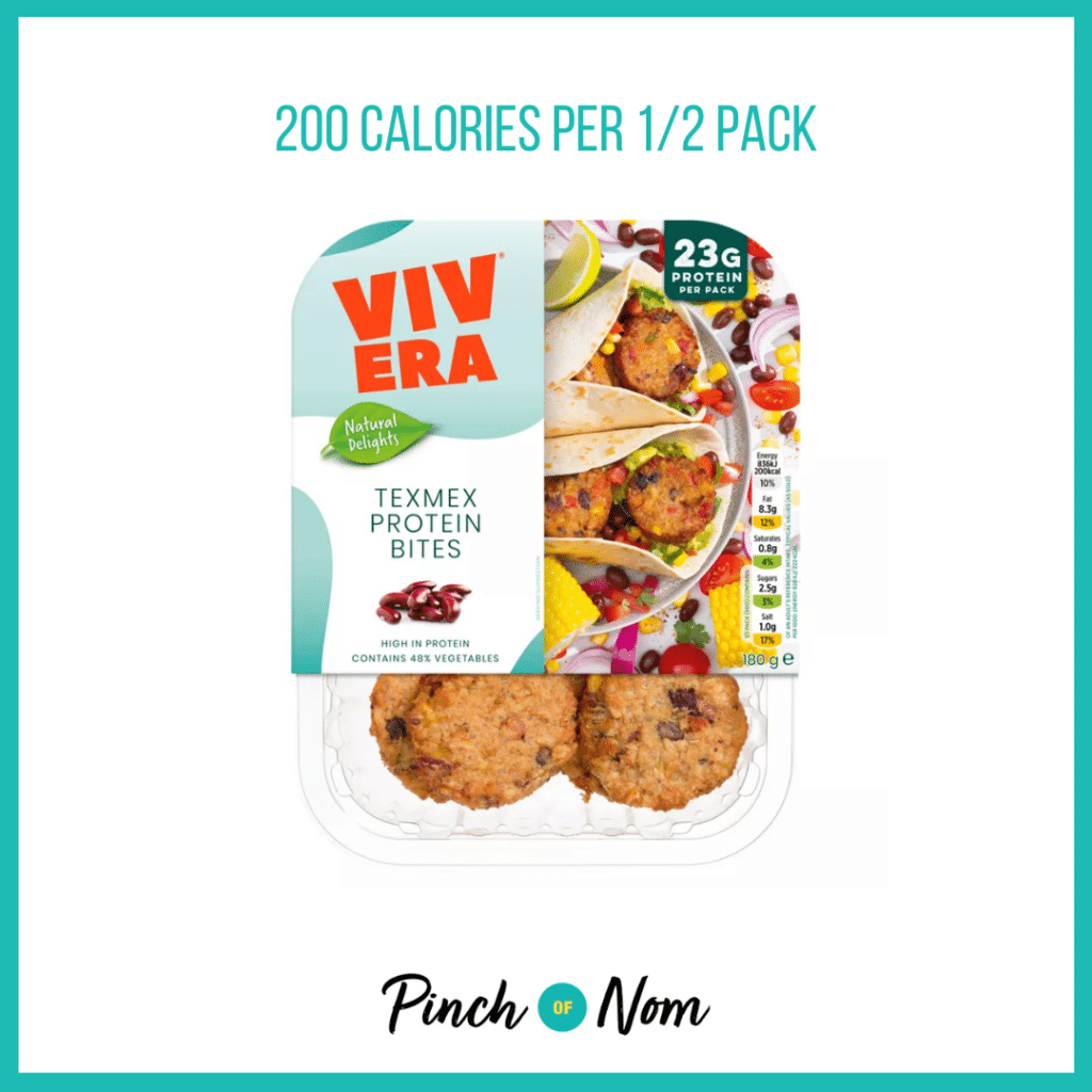 Vivera Texmex Protein Bites featured in Pinch of Nom's Weekly Pinch of Shopping with the calorie count printed above (200 calories per 1/2 pack).